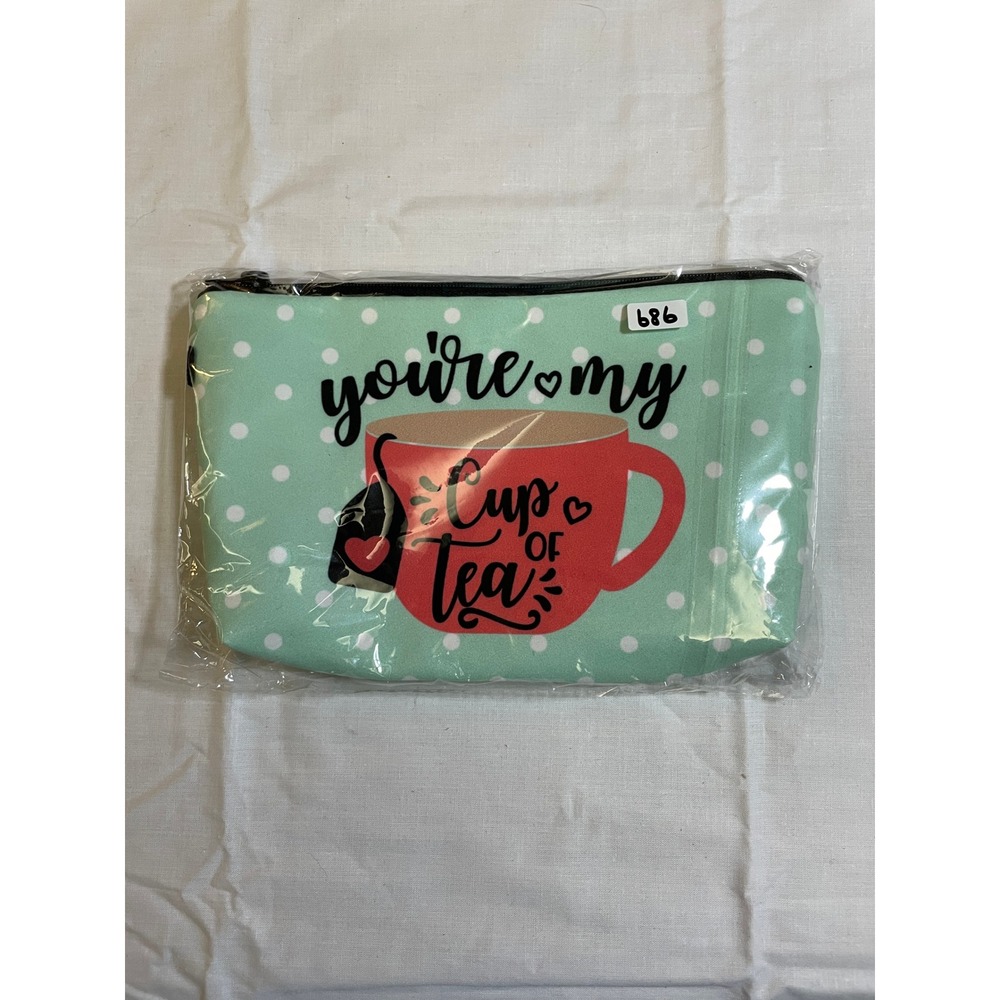 The Pouch Cosmetic Bag Mint Green NWT Tea Graphic Polka Dot Zipper